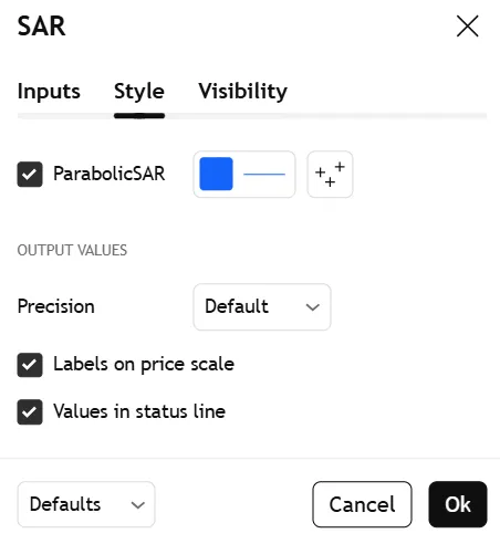 سربرگ Style در تنظیمات اندیکاتور پارابولیک سار