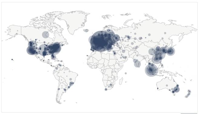 توزیع جهانی گره‌های کامل بیت کوین